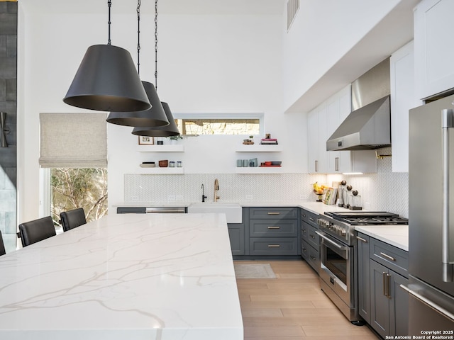 kitchen with sink, high end appliances, white cabinetry, gray cabinets, and pendant lighting