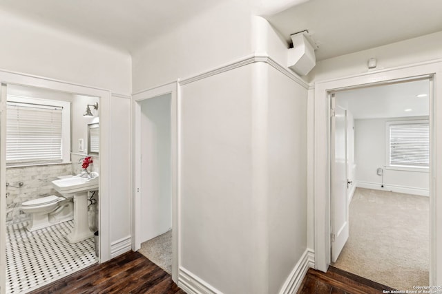 bathroom with wood-type flooring, toilet, and sink