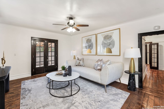 living room featuring french doors, ceiling fan, and dark wood-type flooring