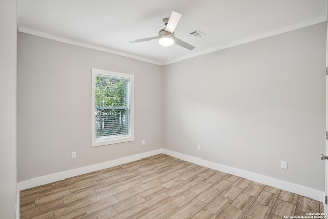 empty room featuring crown molding, ceiling fan, and light hardwood / wood-style flooring