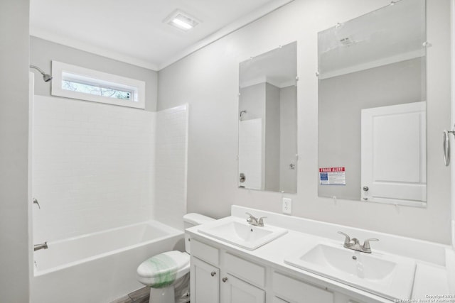 full bathroom with crown molding, shower / tub combination, vanity, and toilet