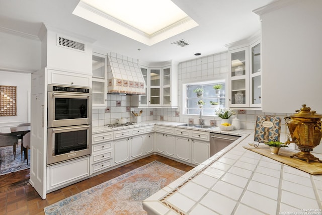 kitchen featuring a raised ceiling, sink, white cabinets, stainless steel appliances, and custom range hood