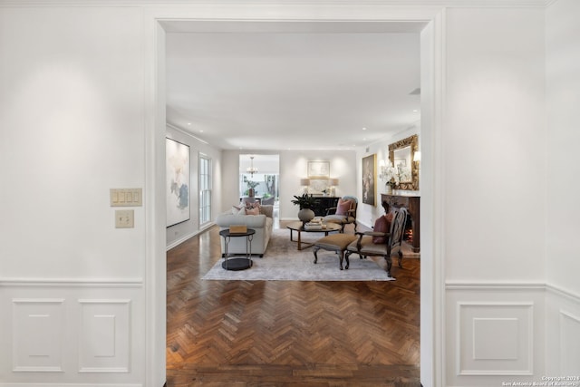 living room featuring parquet flooring