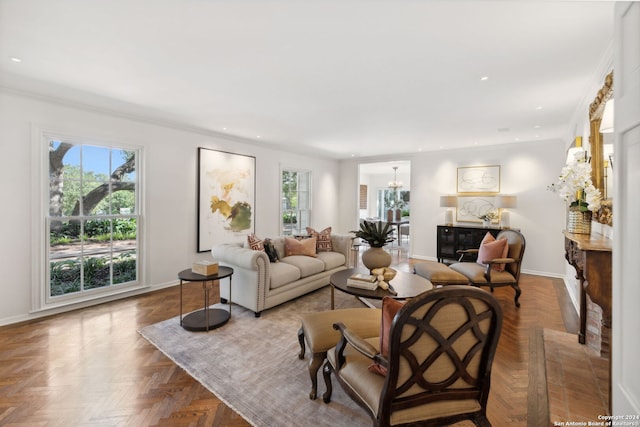 living room featuring parquet floors