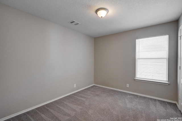 unfurnished room with carpet and a textured ceiling