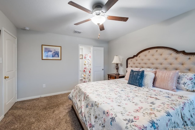 bedroom with visible vents, baseboards, carpet, and ceiling fan