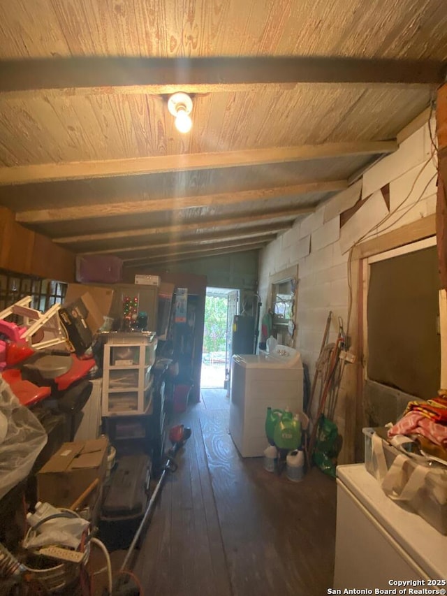 misc room featuring separate washer and dryer, hardwood / wood-style flooring, wooden ceiling, and beamed ceiling