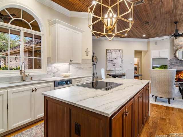 kitchen with white cabinetry, sink, wood ceiling, and black electric stovetop