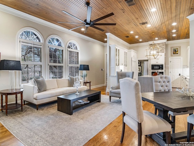 living room with crown molding, ceiling fan with notable chandelier, wooden ceiling, and light hardwood / wood-style floors