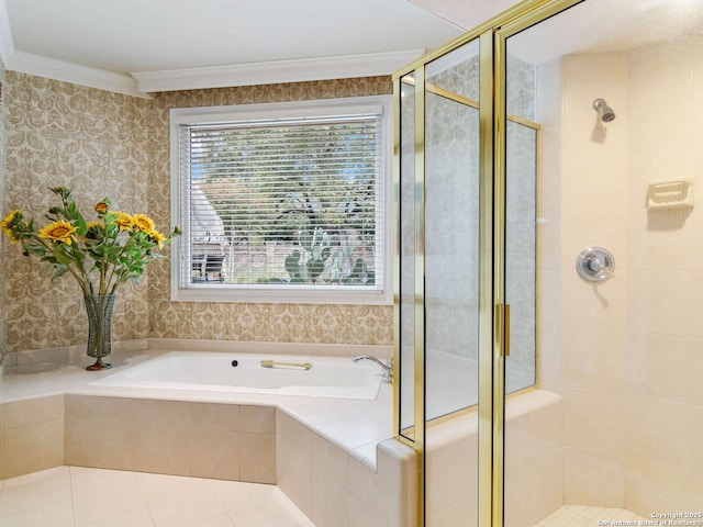 bathroom with tile patterned floors, ornamental molding, and separate shower and tub