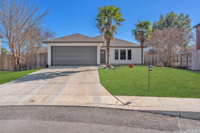 ranch-style home featuring a garage and a front lawn