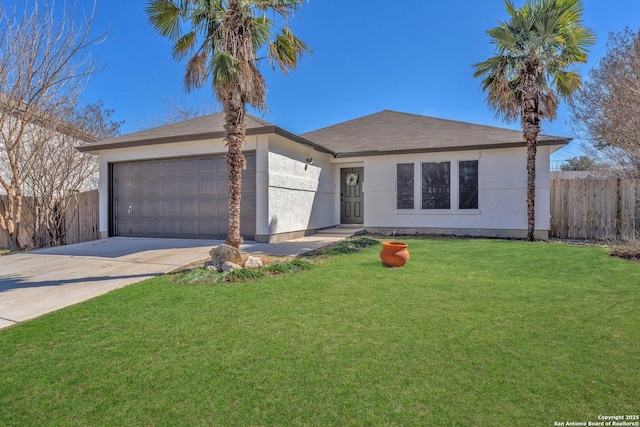 ranch-style house with a garage and a front yard