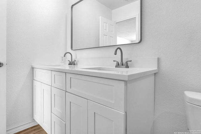 bathroom with vanity, hardwood / wood-style flooring, and toilet