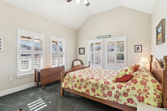 bedroom with vaulted ceiling, carpet flooring, and ceiling fan