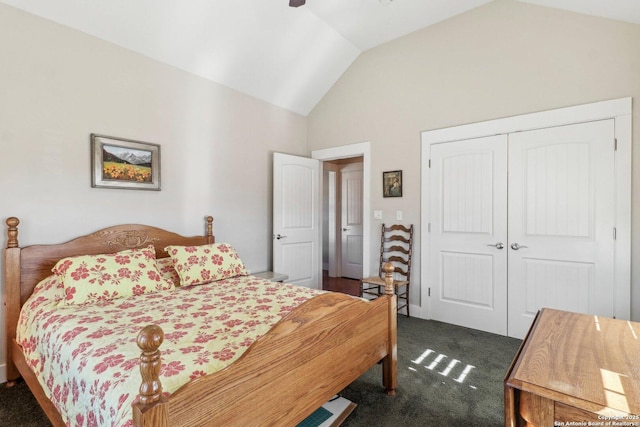 carpeted bedroom featuring high vaulted ceiling, a closet, and ceiling fan