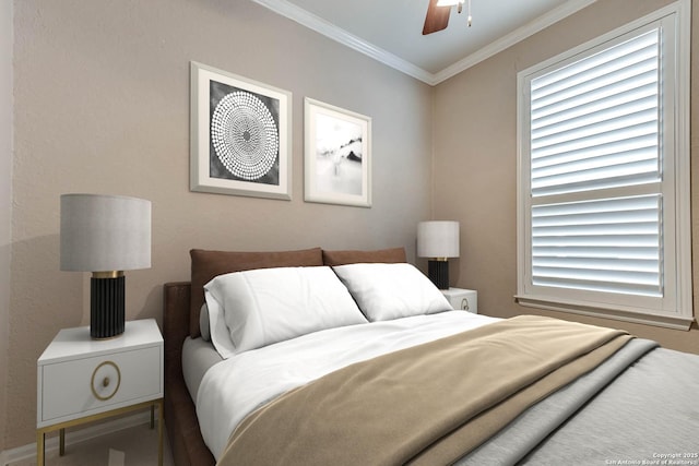 bedroom featuring ceiling fan and ornamental molding