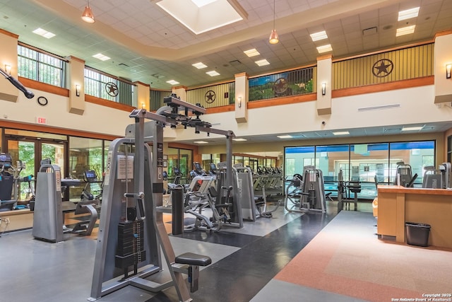 exercise room with a towering ceiling, a skylight, and a paneled ceiling