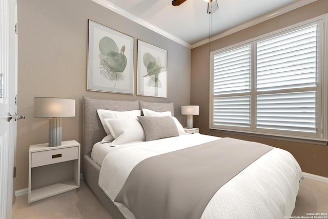 carpeted bedroom featuring ceiling fan and ornamental molding