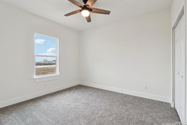 interior space featuring ceiling fan, carpet flooring, and a closet