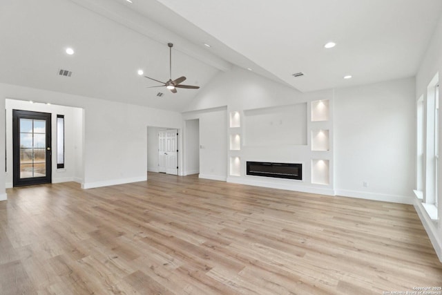 unfurnished living room featuring ceiling fan, beam ceiling, high vaulted ceiling, and light wood-type flooring