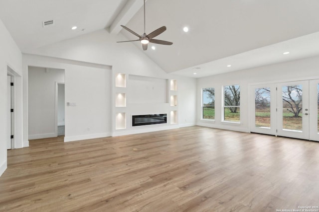 unfurnished living room featuring ceiling fan, beam ceiling, high vaulted ceiling, and light hardwood / wood-style flooring