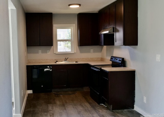 kitchen featuring dark hardwood / wood-style flooring, sink, dark brown cabinets, and black appliances