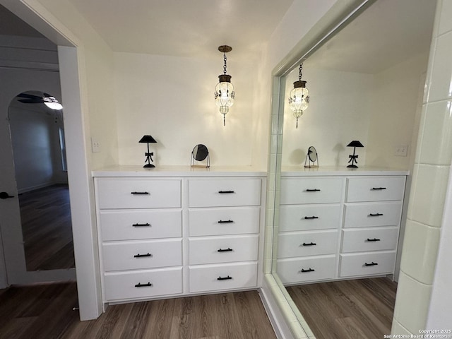 bathroom with wood-type flooring and ceiling fan