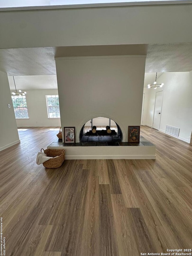 room details featuring hardwood / wood-style flooring and a multi sided fireplace