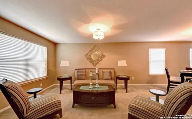 living area featuring light colored carpet