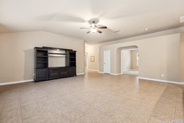 unfurnished living room with light tile patterned flooring, ceiling fan, and lofted ceiling