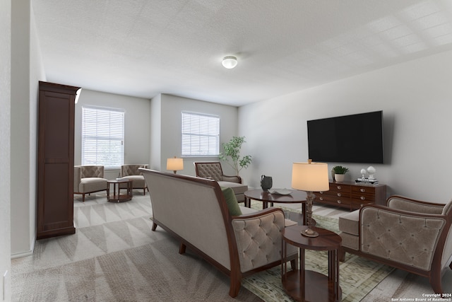 carpeted living room with a textured ceiling