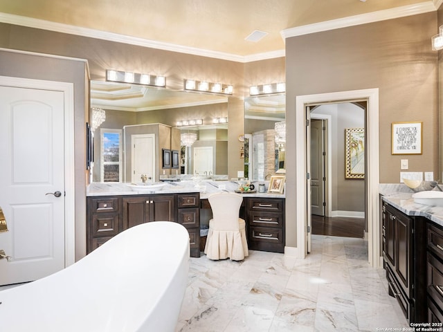 bathroom featuring crown molding, vanity, and a bathtub