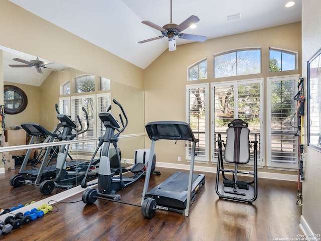 gym with dark hardwood / wood-style flooring, lofted ceiling, and ceiling fan