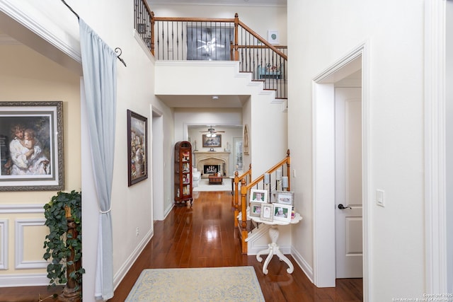 hall featuring a towering ceiling and dark hardwood / wood-style flooring