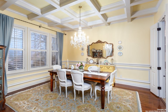 dining room with coffered ceiling, dark hardwood / wood-style floors, and beam ceiling