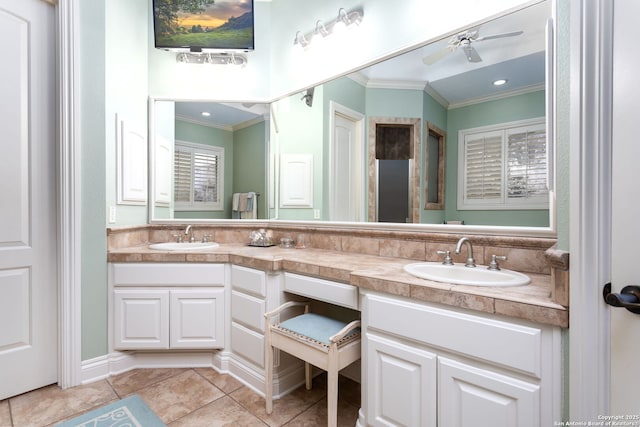 bathroom featuring vanity, crown molding, tile patterned floors, and ceiling fan