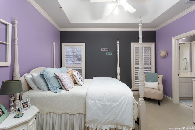 bedroom featuring light carpet, ornamental molding, and ceiling fan