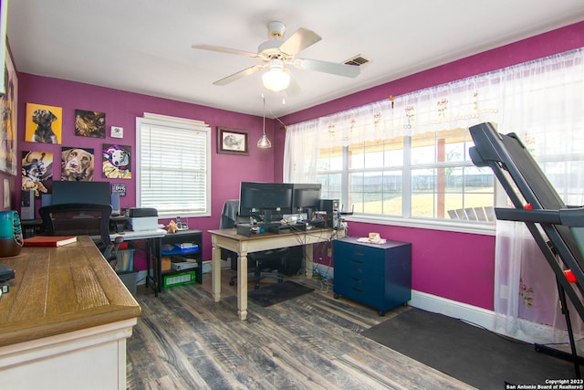 office space with dark wood-type flooring and ceiling fan