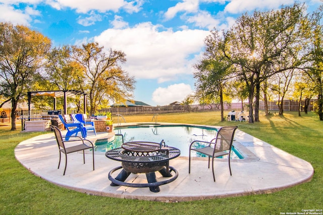 view of patio featuring a fenced in pool and a pergola