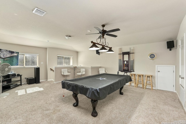 playroom featuring light carpet, pool table, ceiling fan, and bar