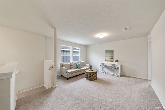 sitting room with light colored carpet and a textured ceiling