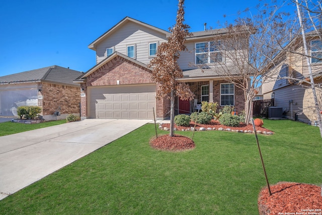 view of front property with cooling unit, a garage, and a front yard