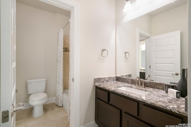 full bathroom featuring shower / bathtub combination with curtain, vanity, tile patterned floors, and toilet