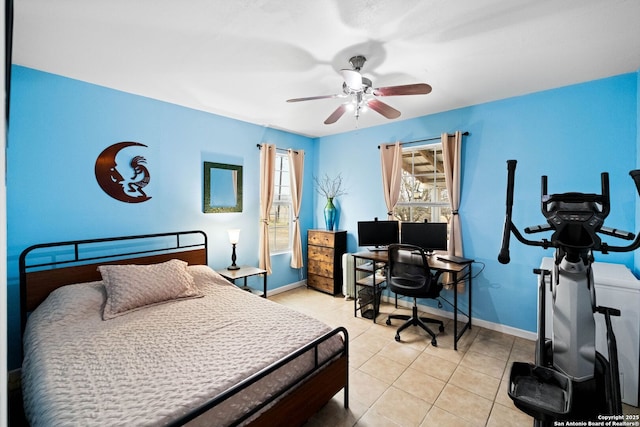 bedroom featuring light tile patterned floors and ceiling fan