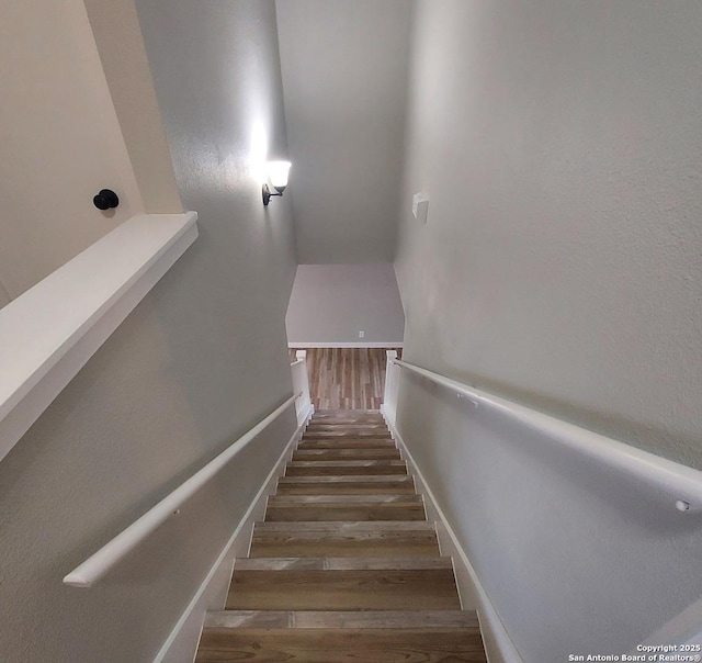 stairs with hardwood / wood-style flooring