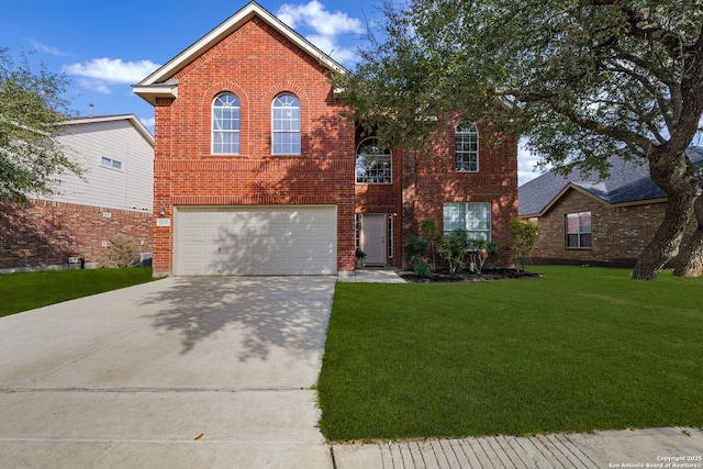 view of front of house featuring a front lawn and a garage