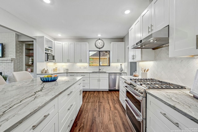 kitchen featuring stainless steel appliances, light stone countertops, white cabinets, and dark hardwood / wood-style flooring