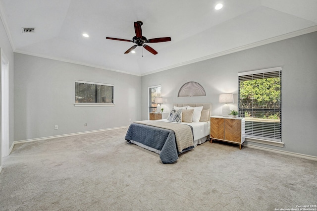 bedroom featuring ornamental molding, lofted ceiling, carpet floors, and ceiling fan