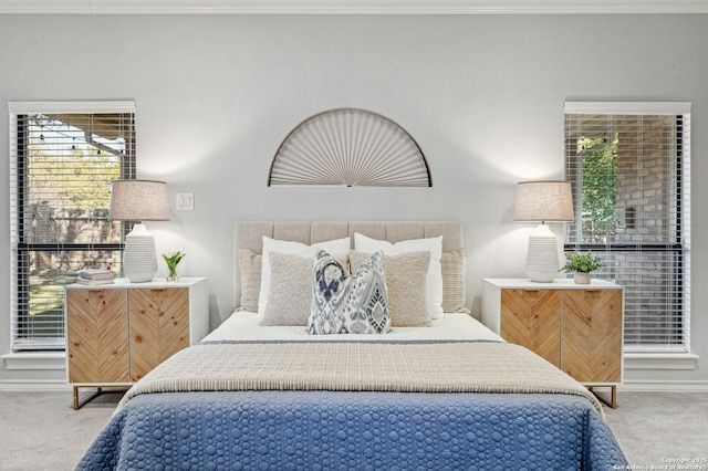 bedroom featuring crown molding and carpet floors