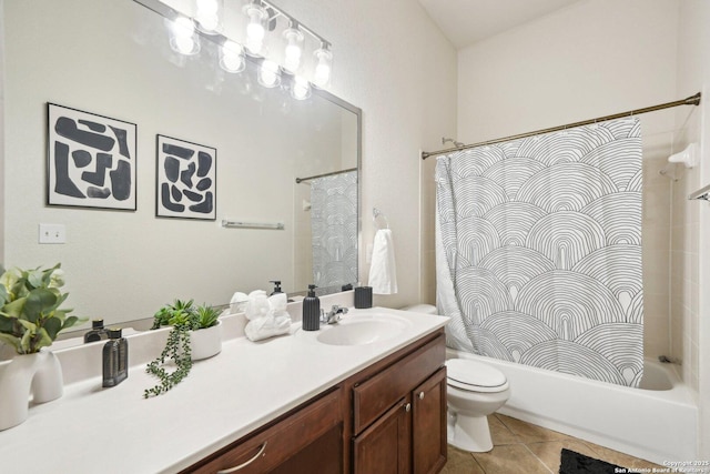 full bathroom featuring vanity, shower / bath combo, tile patterned floors, and toilet